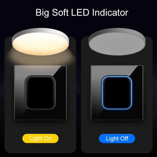 Rene Black Glass Push Button Switch with LED Indicator - 1-4 Gang, 1-2 Way