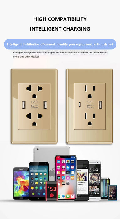 Anya Gold Tempered Glass Dual USB Wall Socket - US/Mexico Standard, Type-C Fast Charging