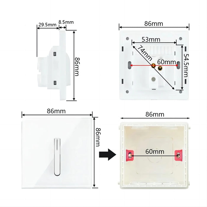 Nina Glass Panel LED Reset Button Switch - 1-4 Gang, 2 Way, 86x86mm