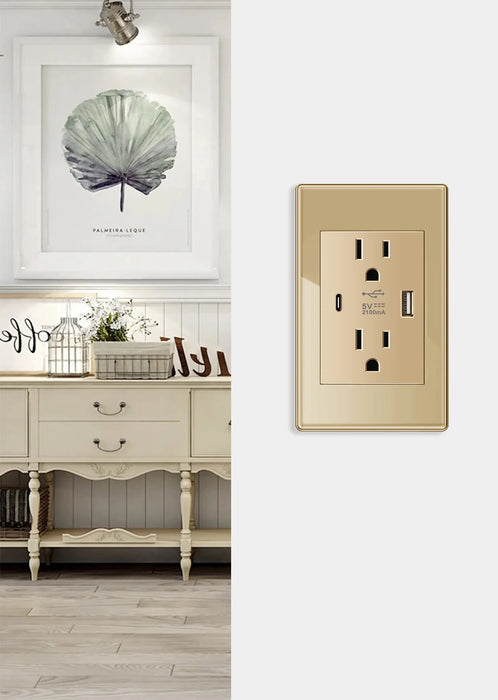 Anya Gold Tempered Glass Dual USB Wall Socket - US/Mexico Standard, Type-C Fast Charging