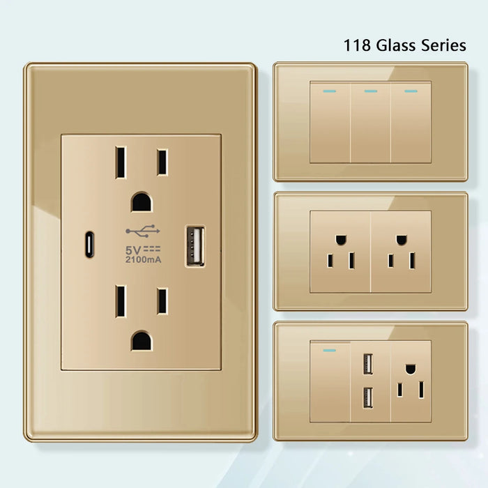 Anya Gold Tempered Glass Dual USB Wall Socket - US/Mexico Standard, Type-C Fast Charging