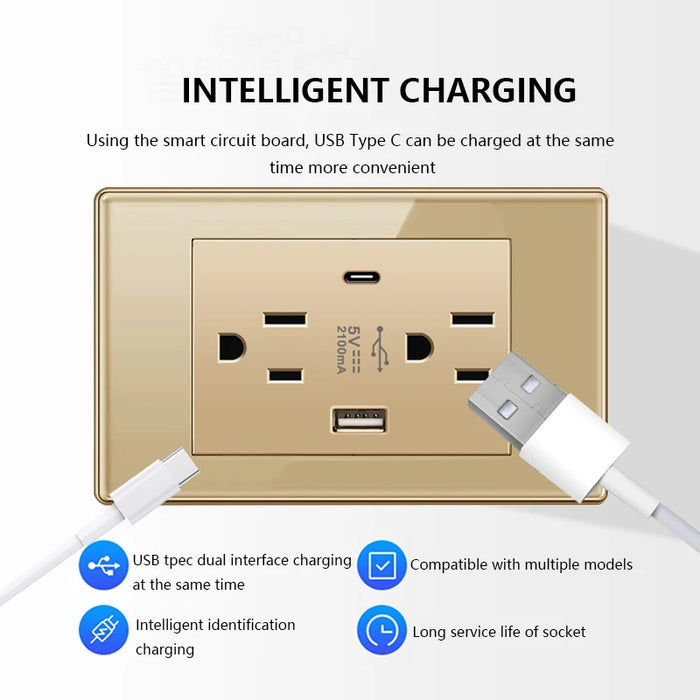 Anya Gold Tempered Glass Dual USB Wall Socket - US/Mexico Standard, Type-C Fast Charging