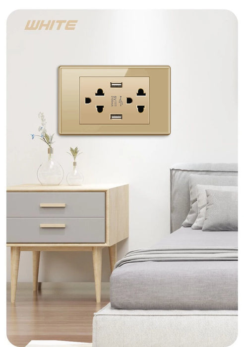 Anya Gold Tempered Glass Dual USB Wall Socket - US/Mexico Standard, Type-C Fast Charging