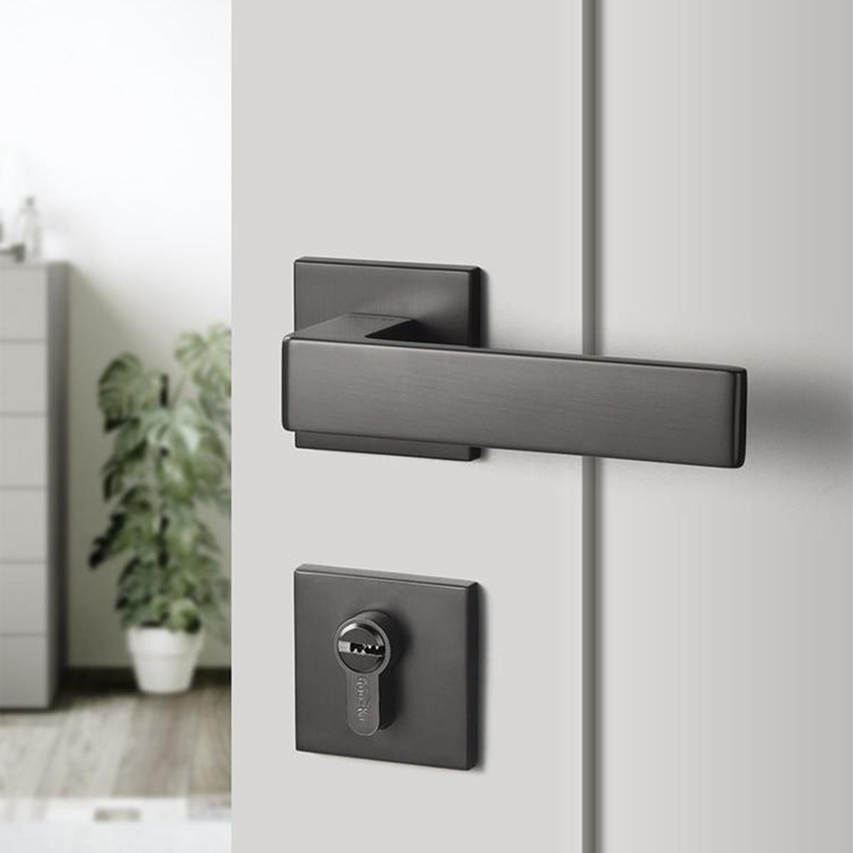 Grey Brushed Wooden Door Handle — Level Decor