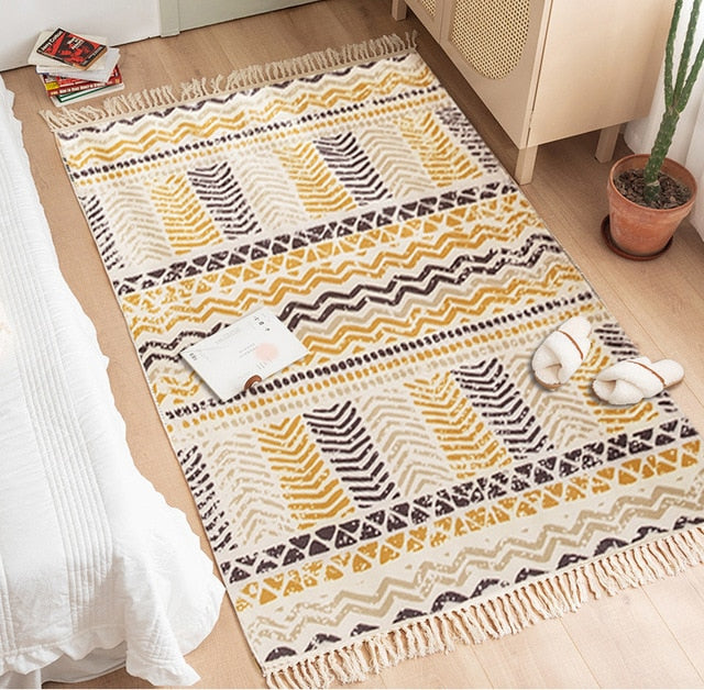 Retro Bohemian Hand Tassel Woven Cotton Linen Carpet Bedside Rug
